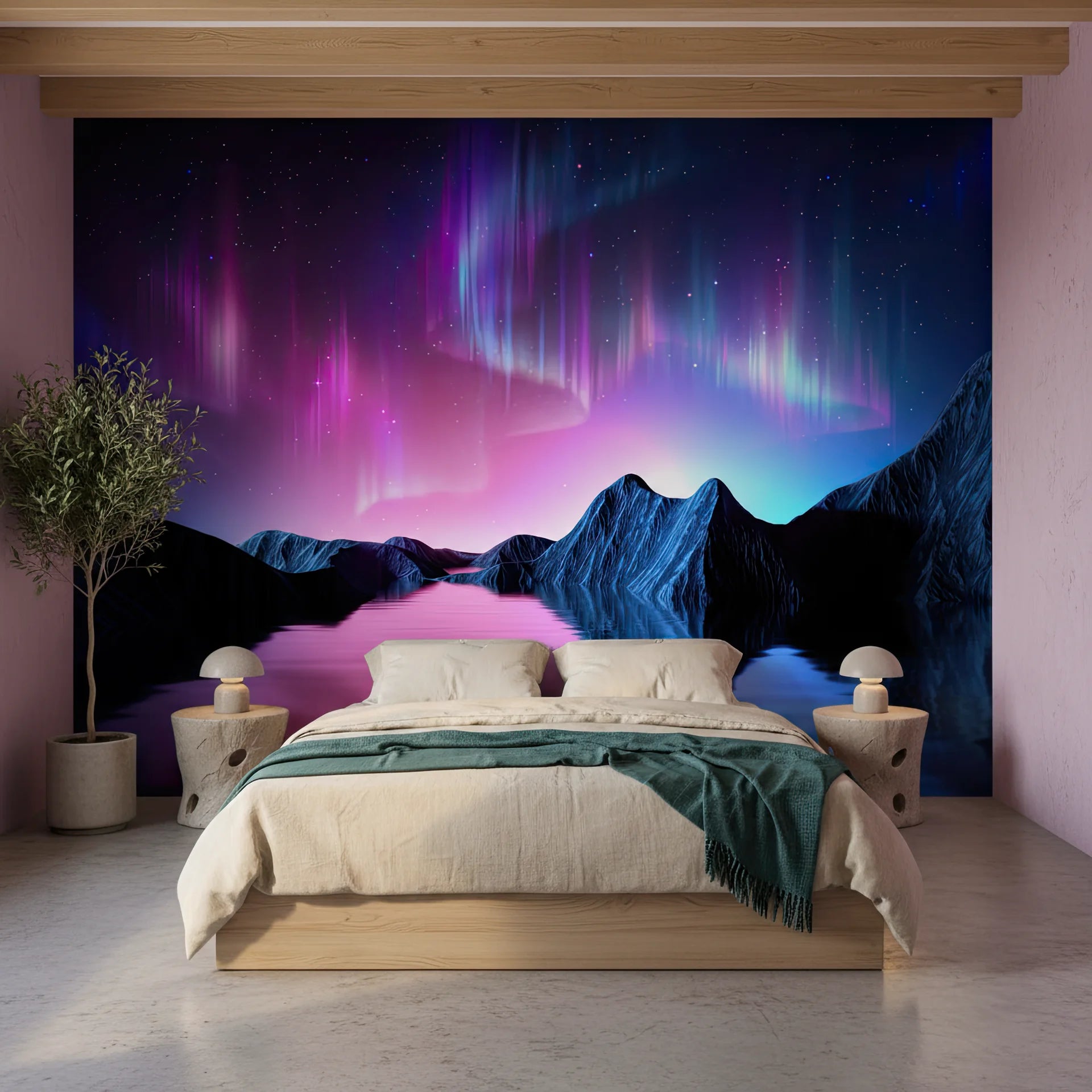 Northern lights dancing above frozen mountains and mirrored water removable wallpaper