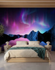 Northern lights dancing above frozen mountains and mirrored water removable wallpaper