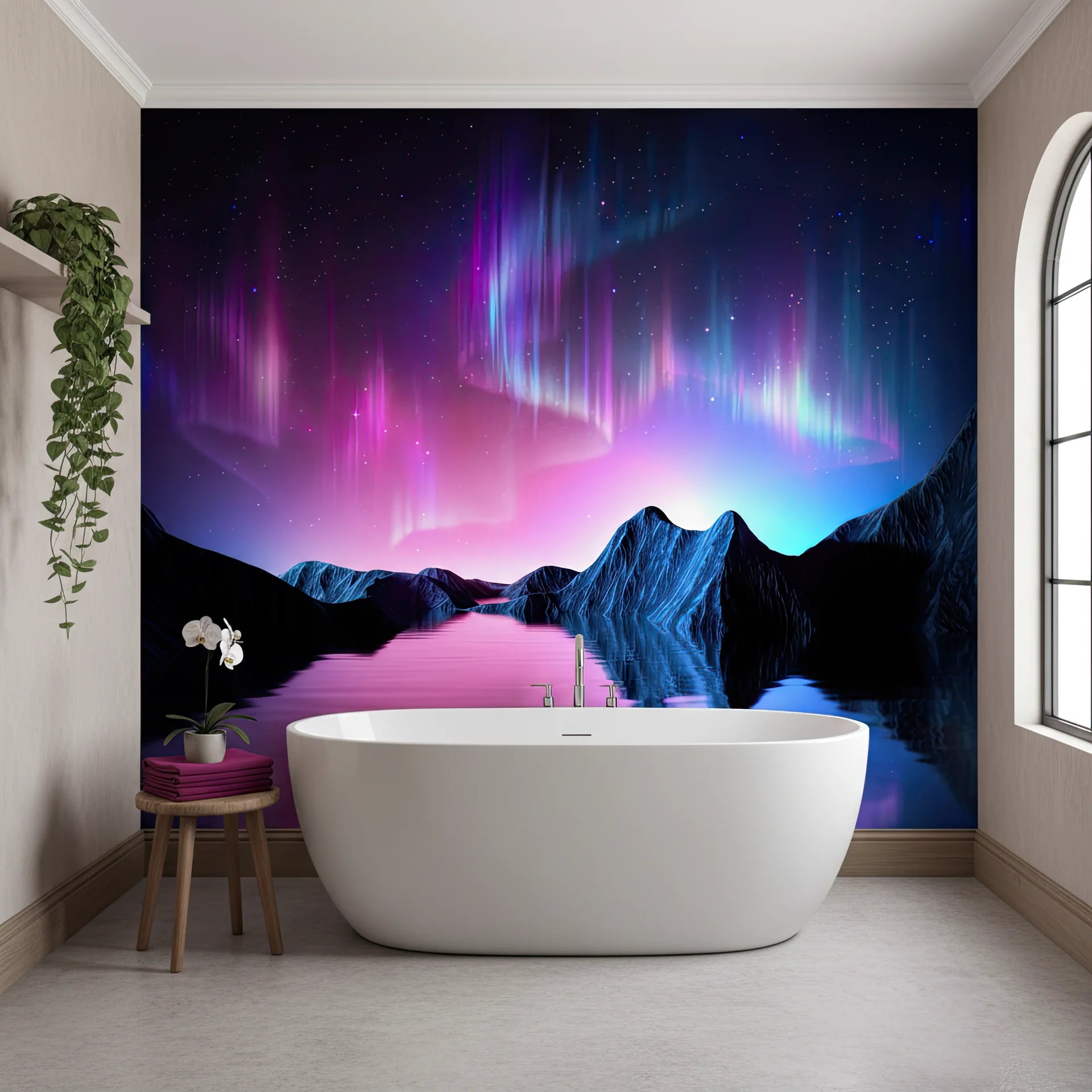 Ethereal pink and electric blue aurora borealis on arctic landscape removable wall mural