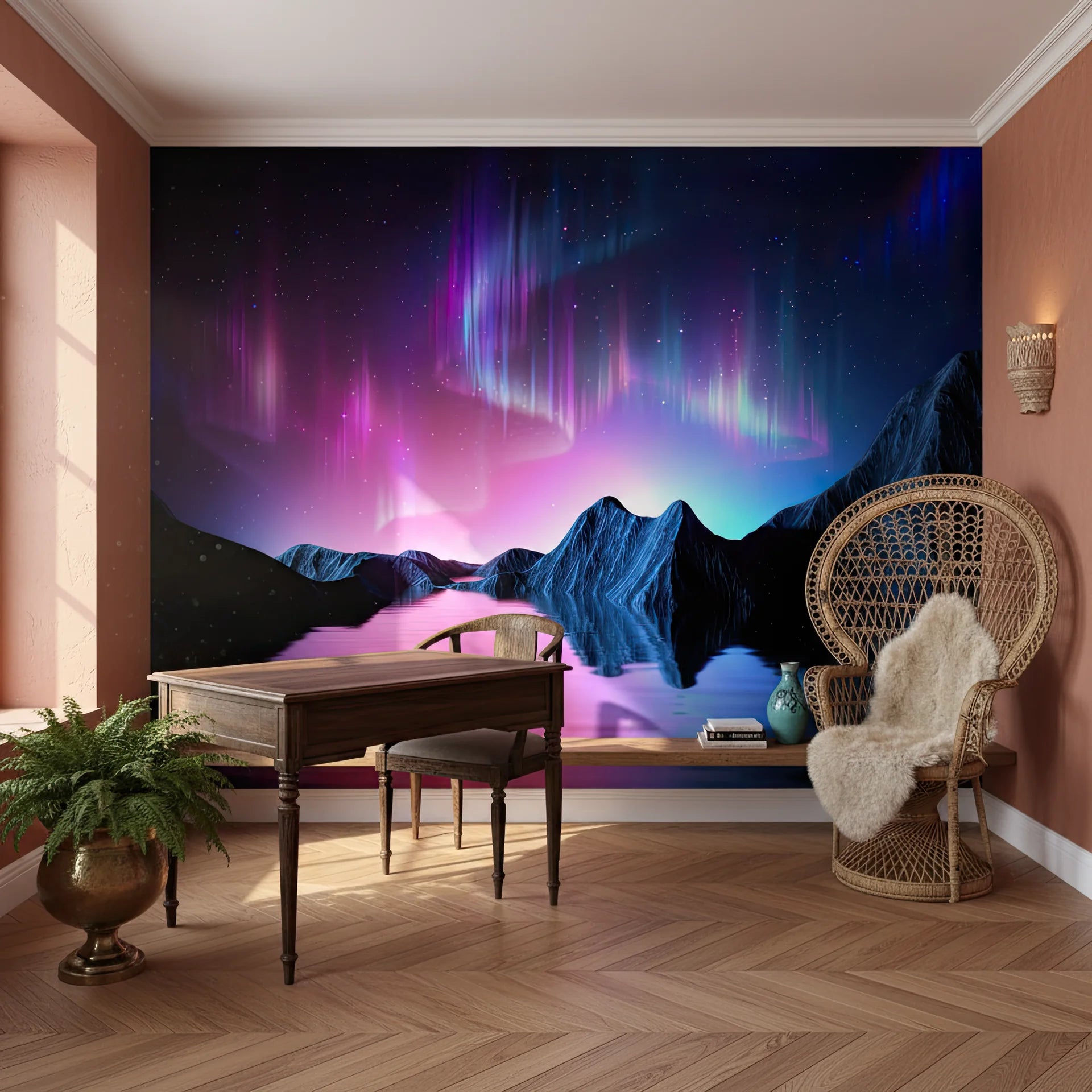 Polar night sky with celestial light display and silent peaks peel and stick wallpaper