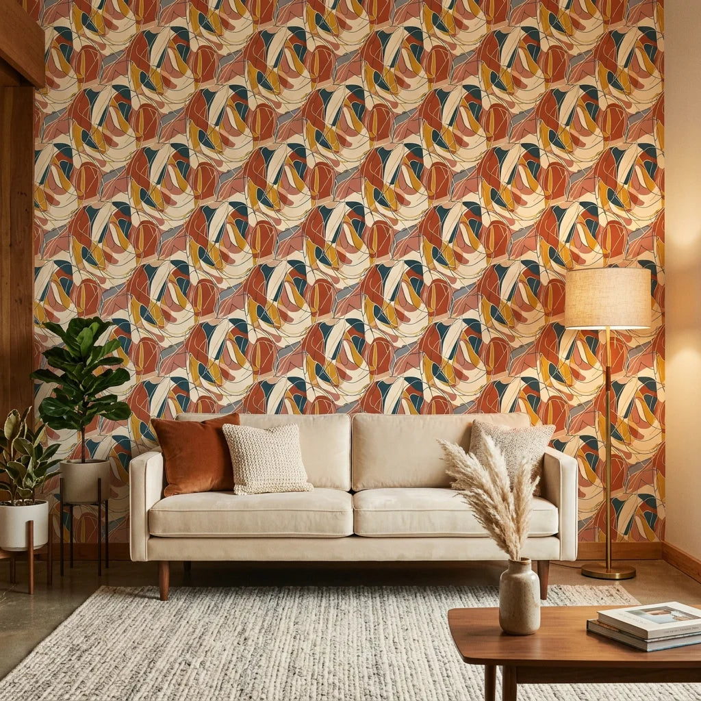 Autumn Abstract Swirl retro cubist wallpaper in a warm and inviting living room