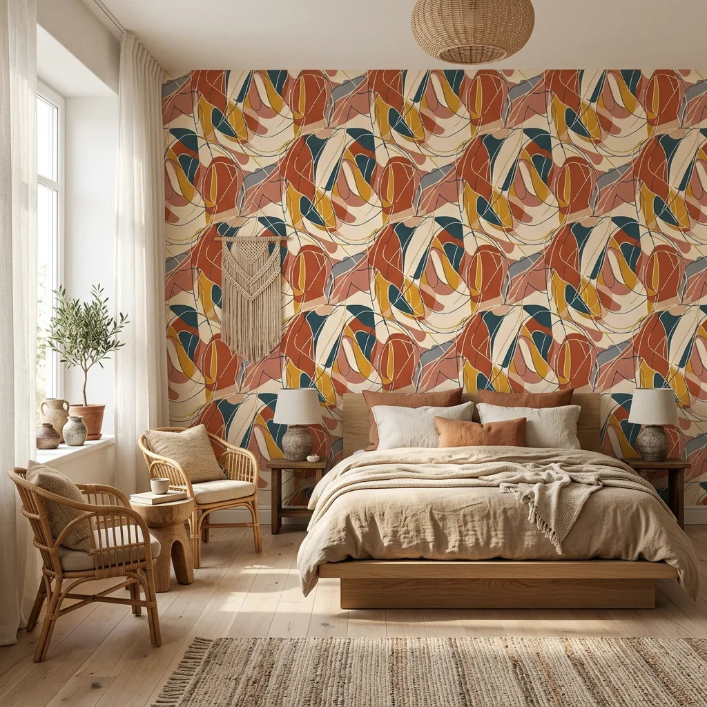 Autumn Abstract Swirl retro cubist wallpaper adding character to a cozy bedroom