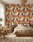 Autumn Abstract Swirl retro cubist wallpaper adding character to a cozy bedroom