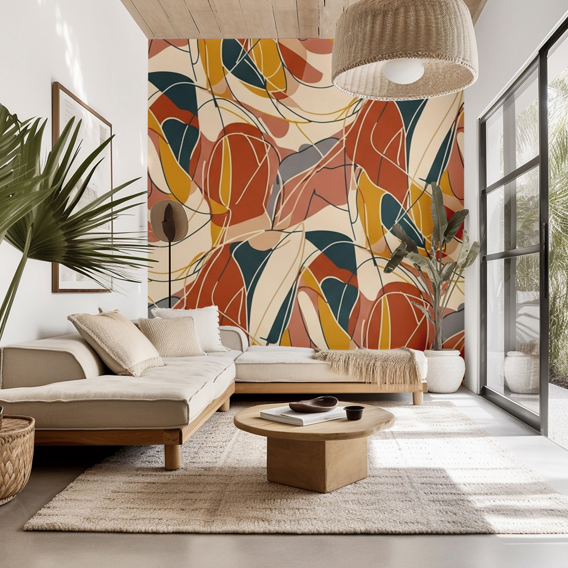 Interlocking curvilinear elements, colored in cool slate and warm terracotta, produce a retro stained-glass effect.