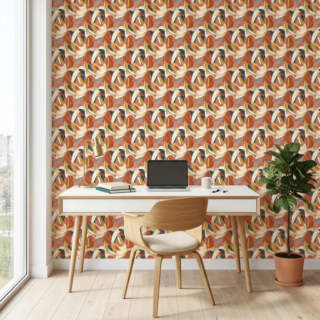 Autumn Abstract Swirl retro cubist wallpaper as a feature wall in a bright home office