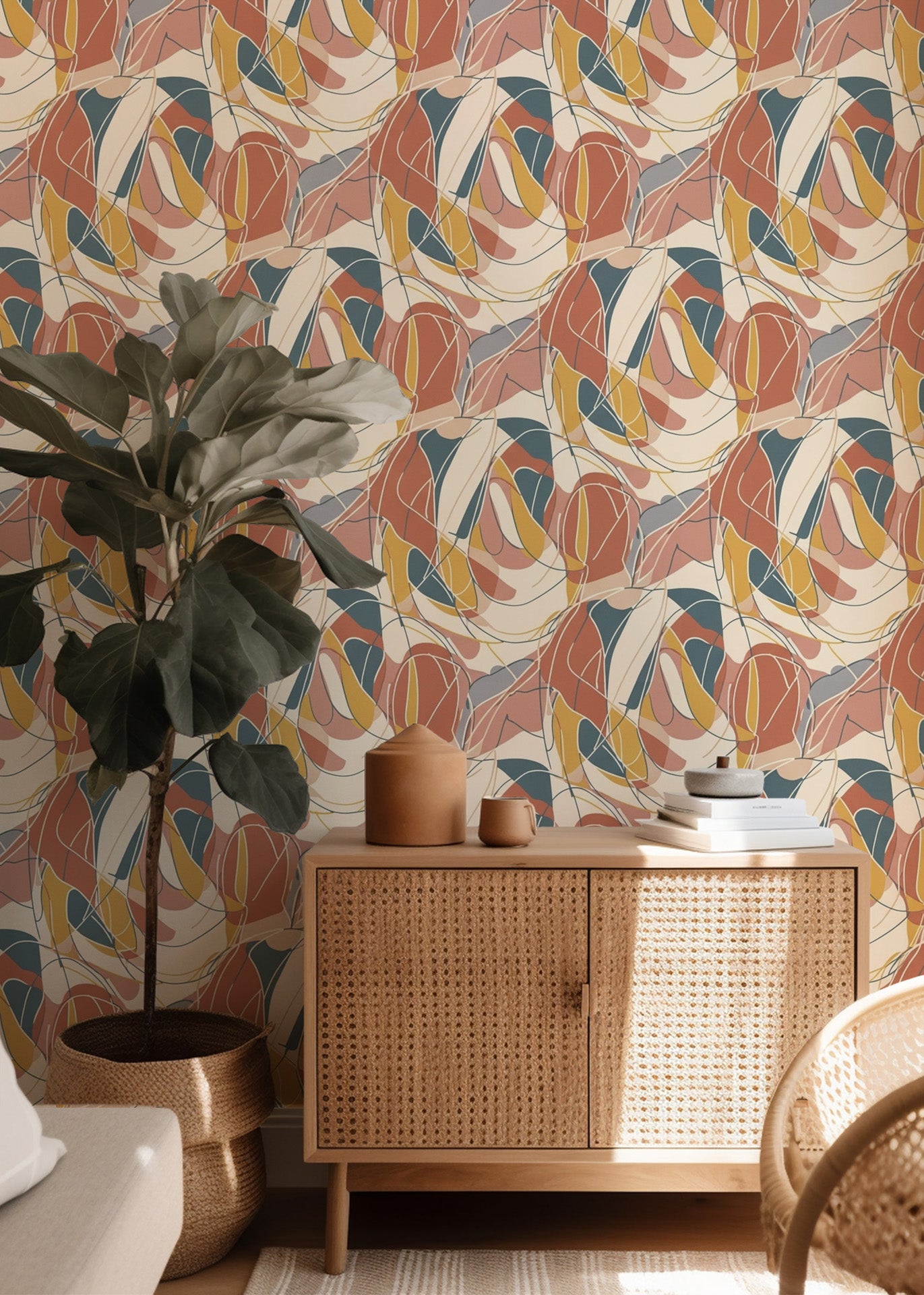 Organic outlines, colored in hot clay and blue-gray stone, fit together seamlessly, evoking a throwback, leaded-glass design