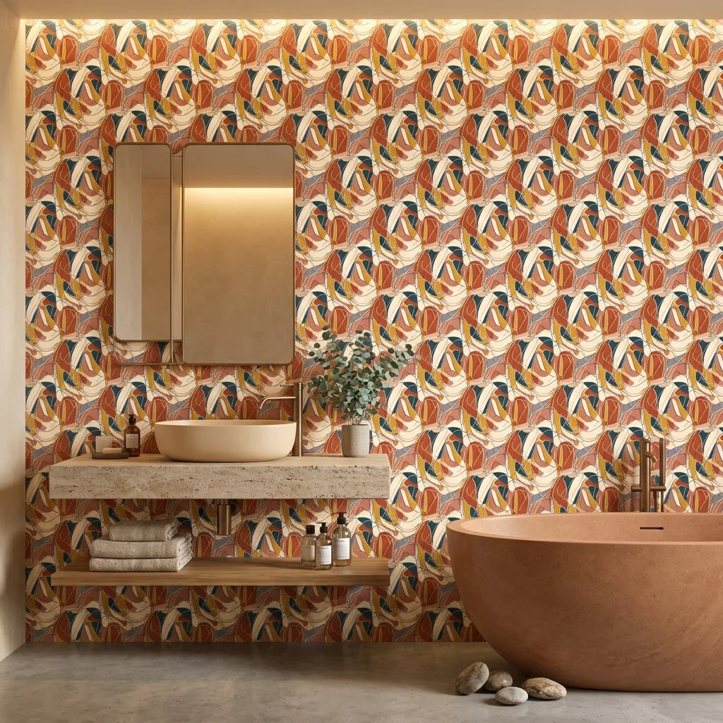 Autumn Abstract Swirl retro cubist wallpaper creating ambiance in a serene bathroom