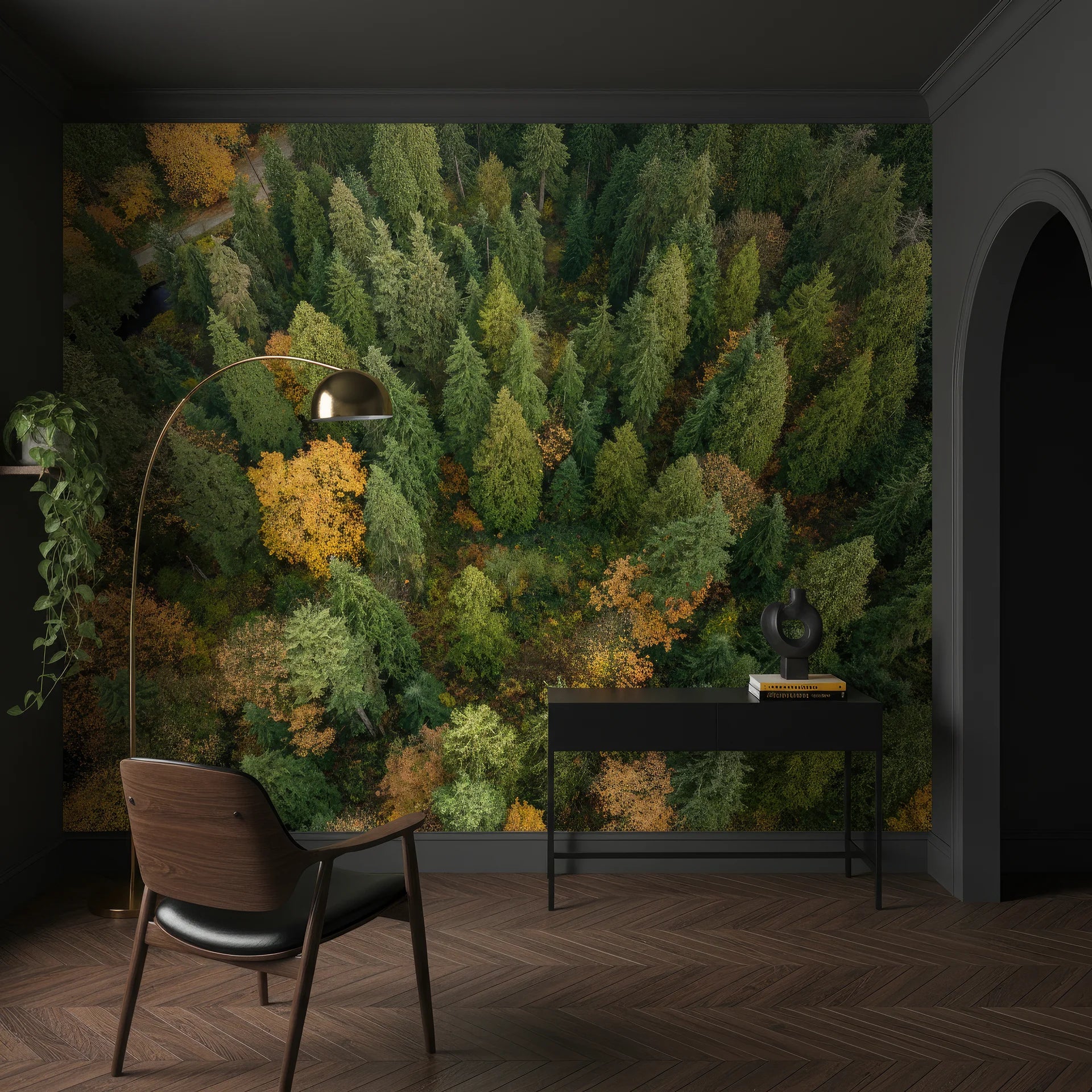 Aerial view of golden, orange and green trees transitioning seasons peel and stick mural