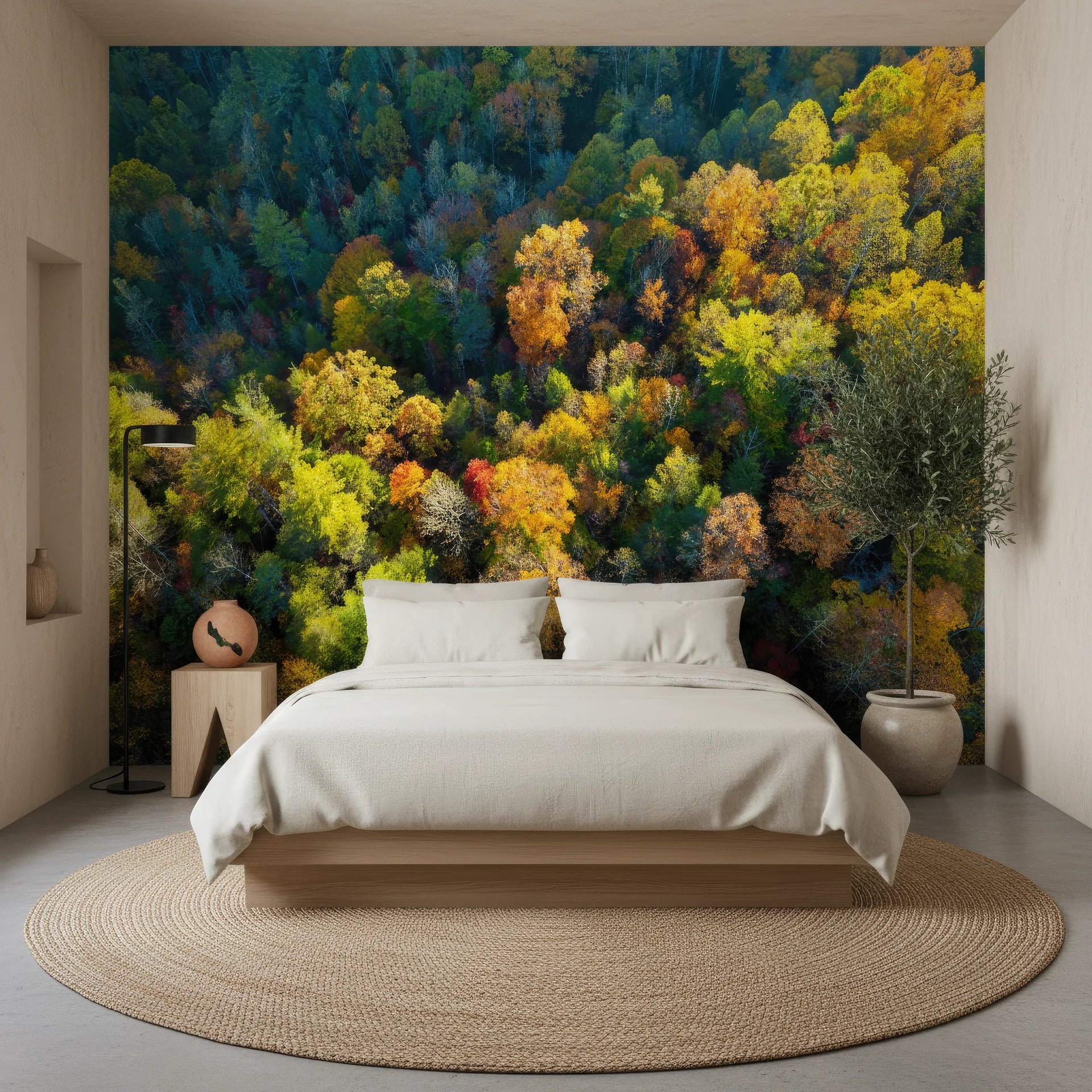 Dense fall forest with crown jewel colors burgundy and golden leaves peel and stick