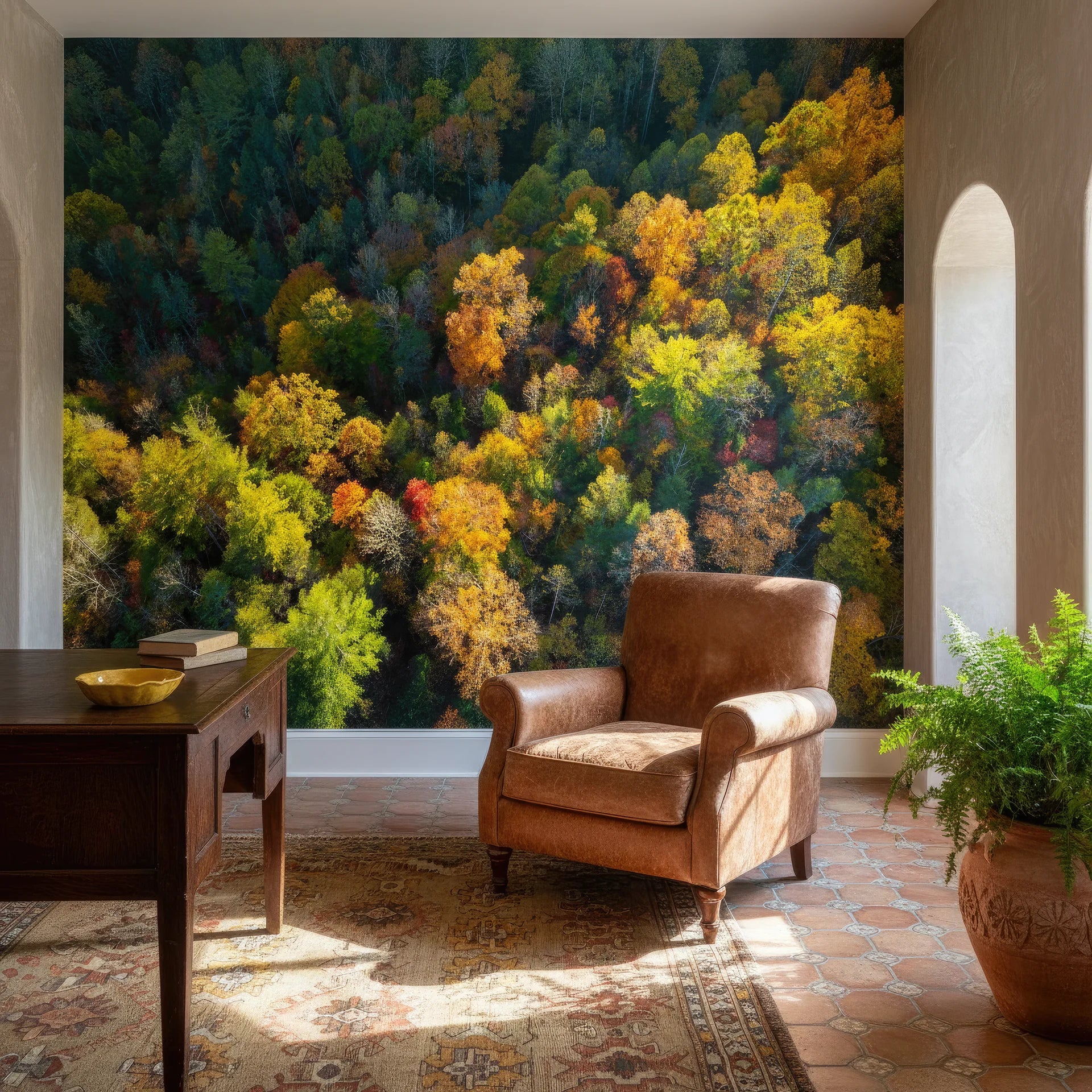 Lush autumn canopy with warm deep tones and textured foliage removable wall mural