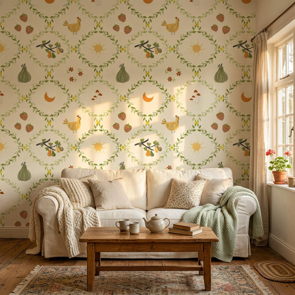 Autumn Gourd whimsical harvest botanical wallpaper in a warm and inviting living room