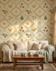 Autumn Gourd whimsical harvest botanical wallpaper in a warm and inviting living room
