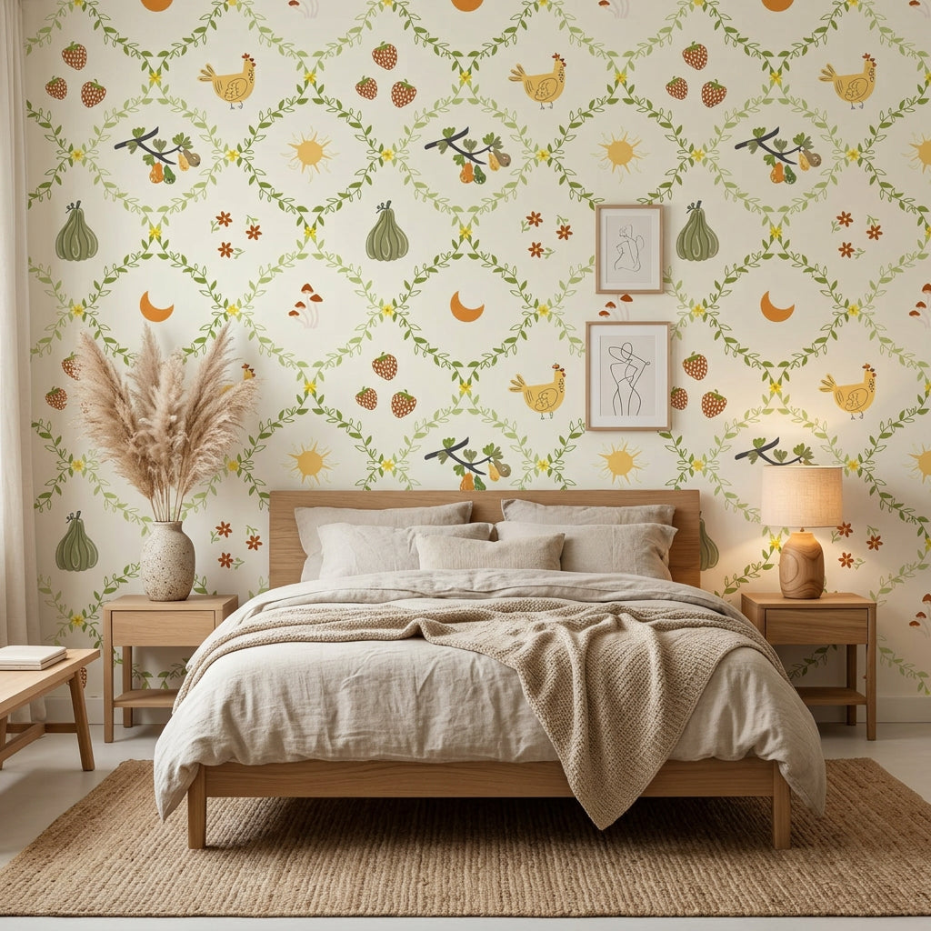 Autumn Gourd whimsical harvest botanical wallpaper adding character to a cozy bedroom