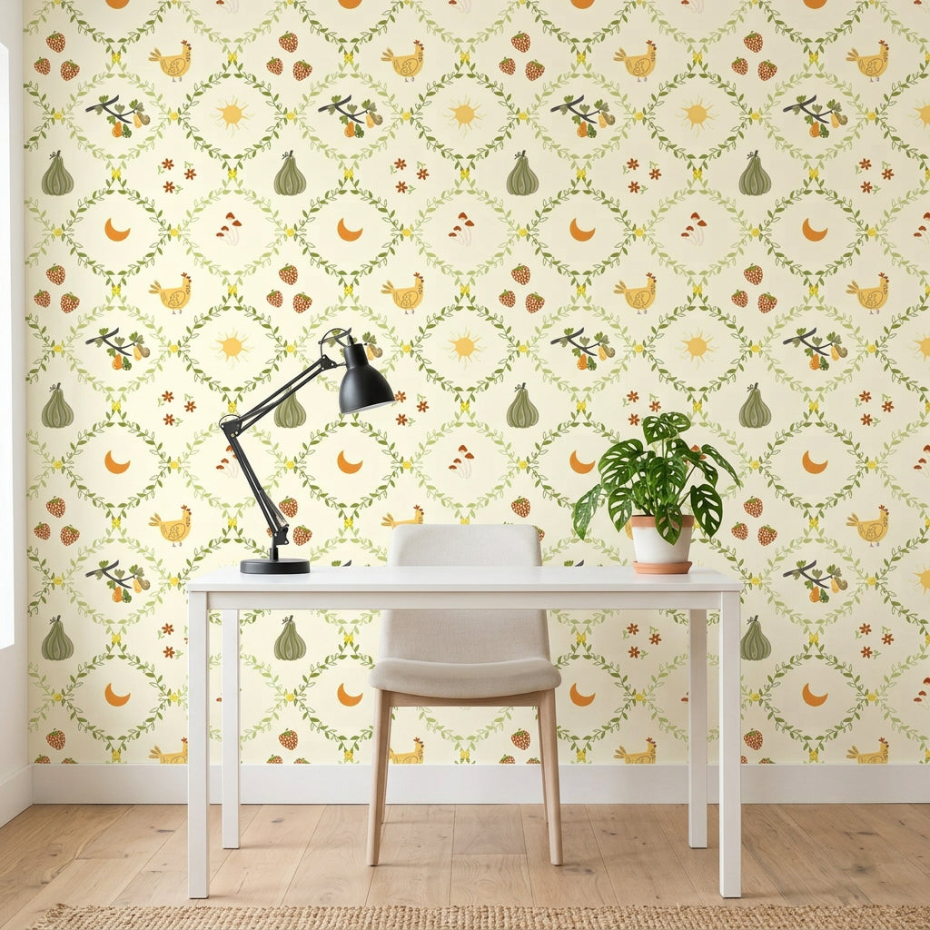 Autumn Gourd whimsical harvest botanical wallpaper as a feature wall in a bright home office