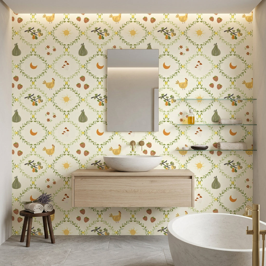 Autumn Gourd whimsical harvest botanical wallpaper creating ambiance in a serene bathroom