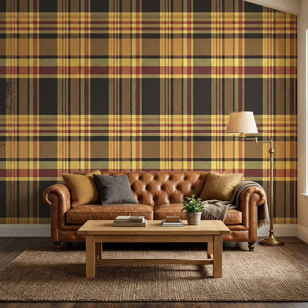 Autumn Lattice warm plaid wallpaper in a warm and inviting living room