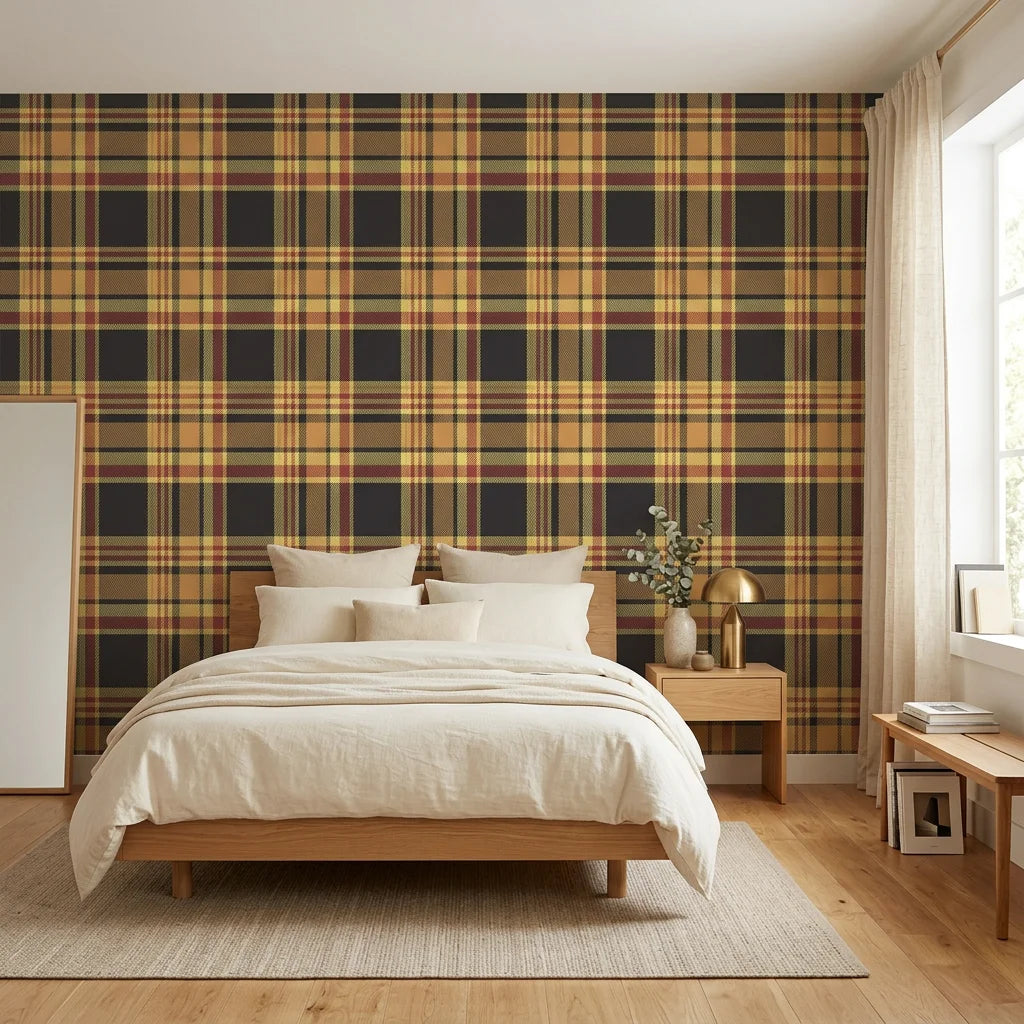 Autumn Lattice warm plaid wallpaper adding character to a cozy bedroom