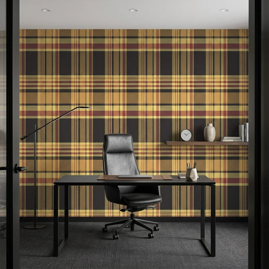 Autumn Lattice warm plaid wallpaper as a feature wall in a bright home office