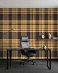 Autumn Lattice warm plaid wallpaper as a feature wall in a bright home office