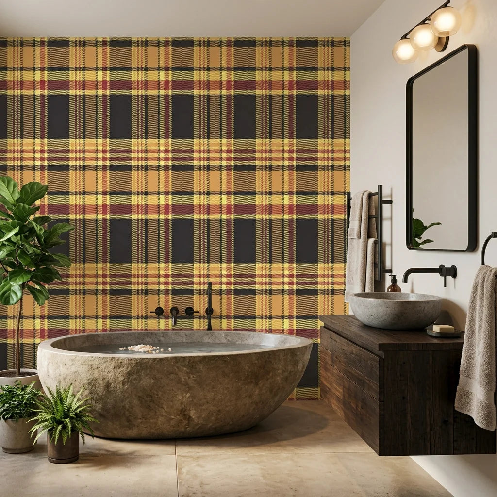 Autumn Lattice warm plaid wallpaper creating ambiance in a serene bathroom