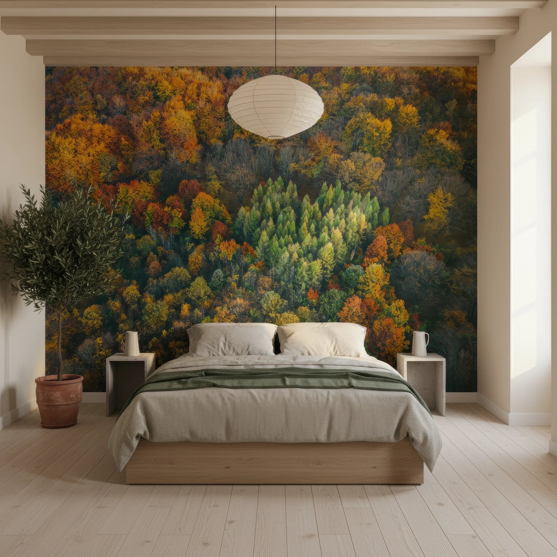 Patchwork forest canopy in warm autumn colors on peel and stick wallpaper