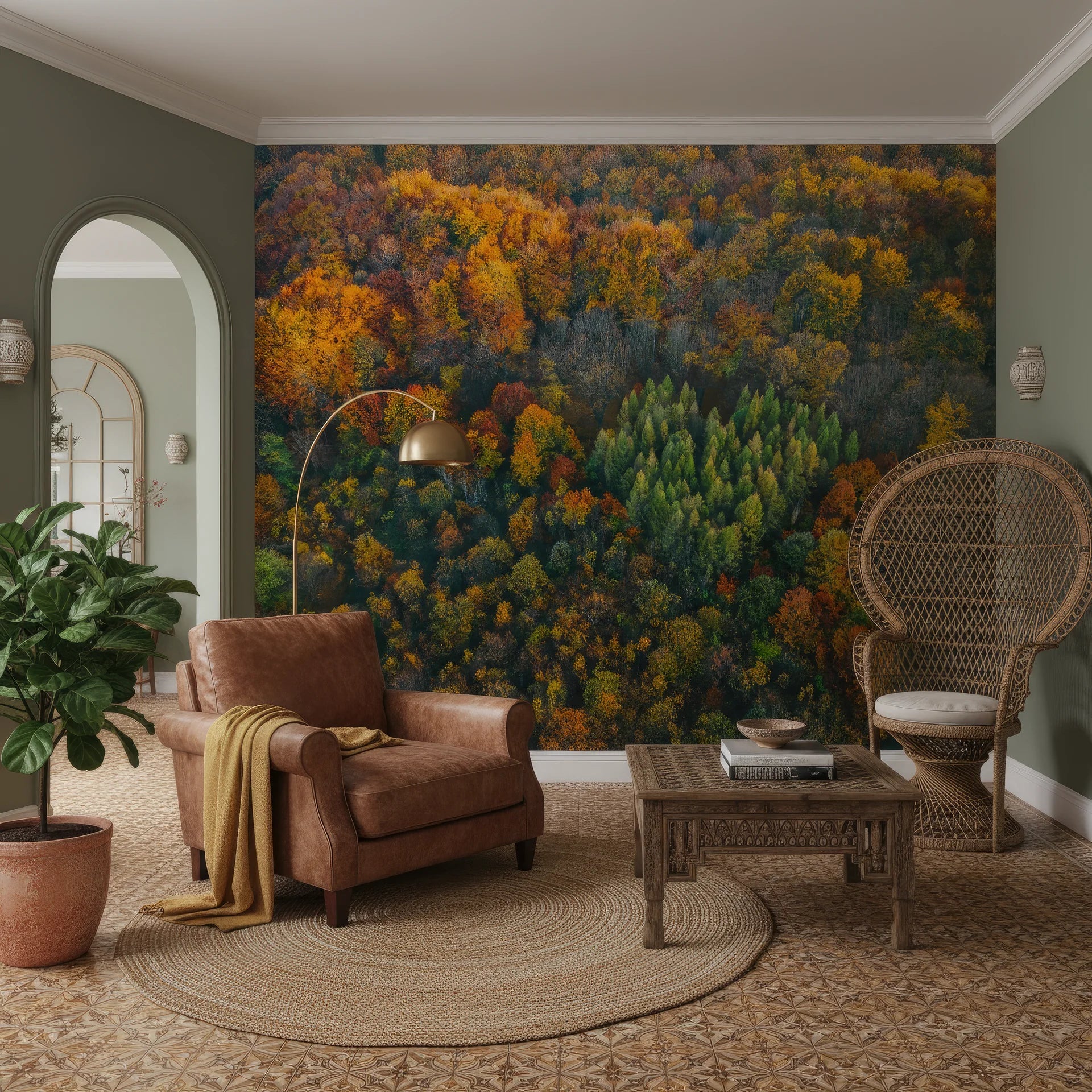 Quilted autumn landscape with varied warm tones and forest patterns removable wallpaper