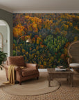 Quilted autumn landscape with varied warm tones and forest patterns removable wallpaper