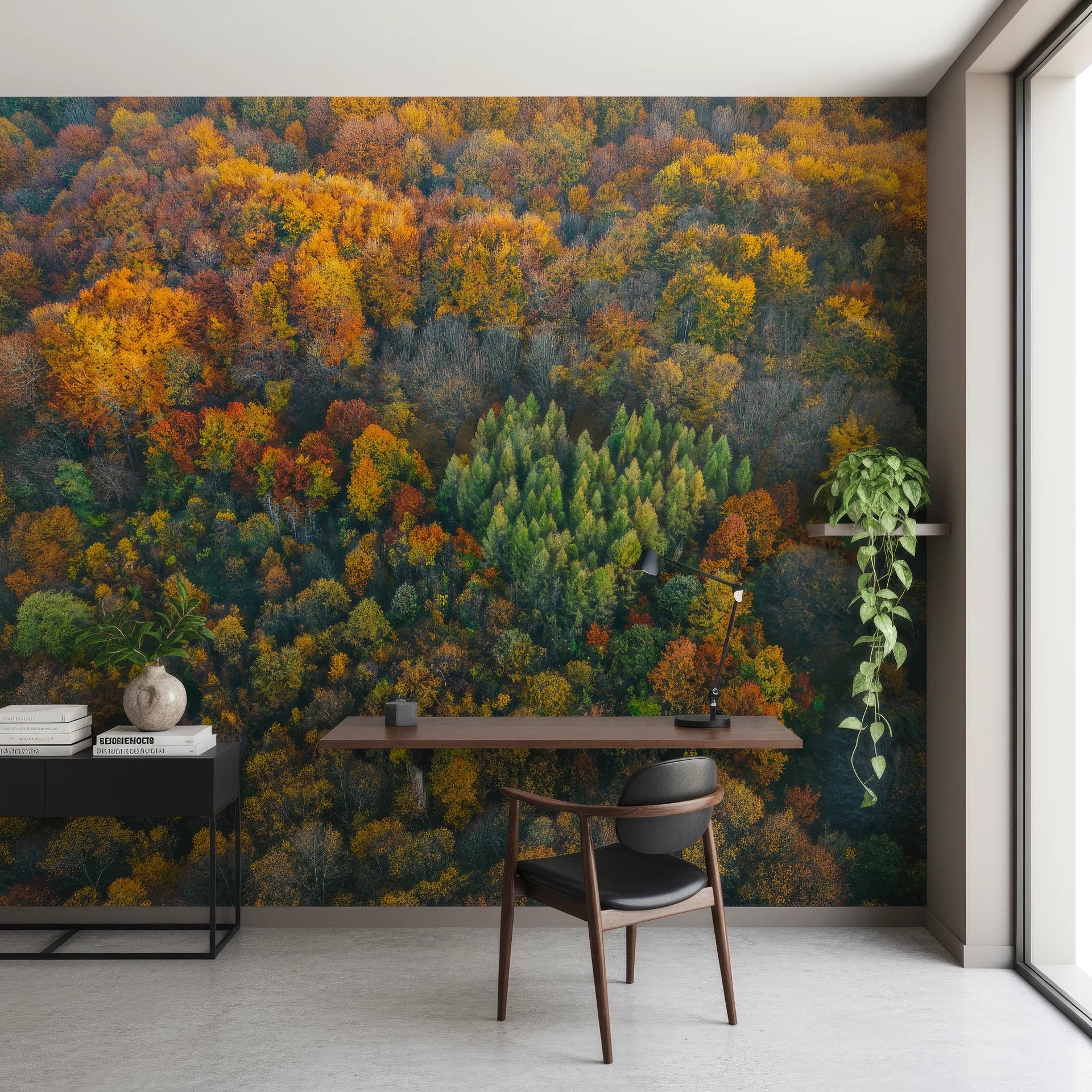 Mixed autumn colors creating abstract forest patchwork on peel and stick wall mural