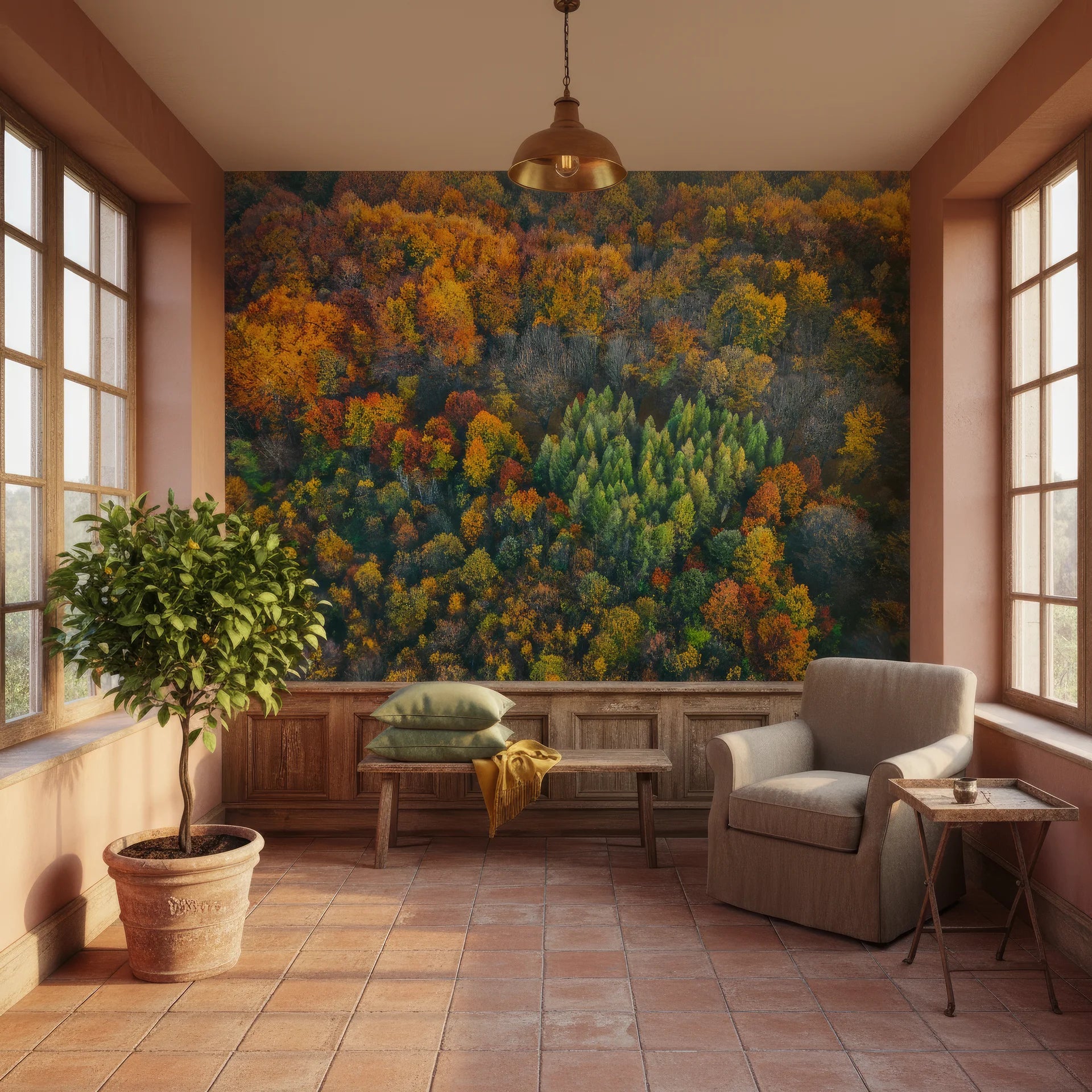 Autumn tapestry with warm orange, brown and green fabric-like texture removable wallpaper
