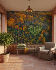 Autumn tapestry with warm orange, brown and green fabric-like texture removable wallpaper