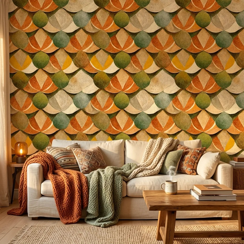 Autumn Scales earthy geometric scallop wallpaper creating ambiance in a serene bathroom
