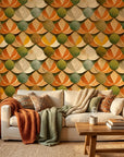 Autumn Scales earthy geometric scallop wallpaper creating ambiance in a serene bathroom