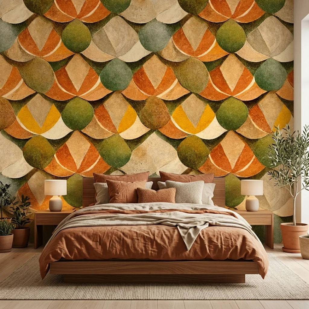 Autumn Scales earthy geometric scallop wallpaper in a warm and inviting living room