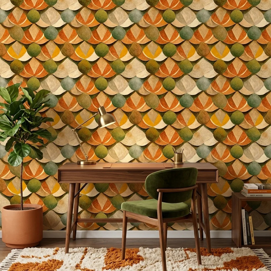 Autumn Scales earthy geometric scallop wallpaper adding character to a cozy bedroom