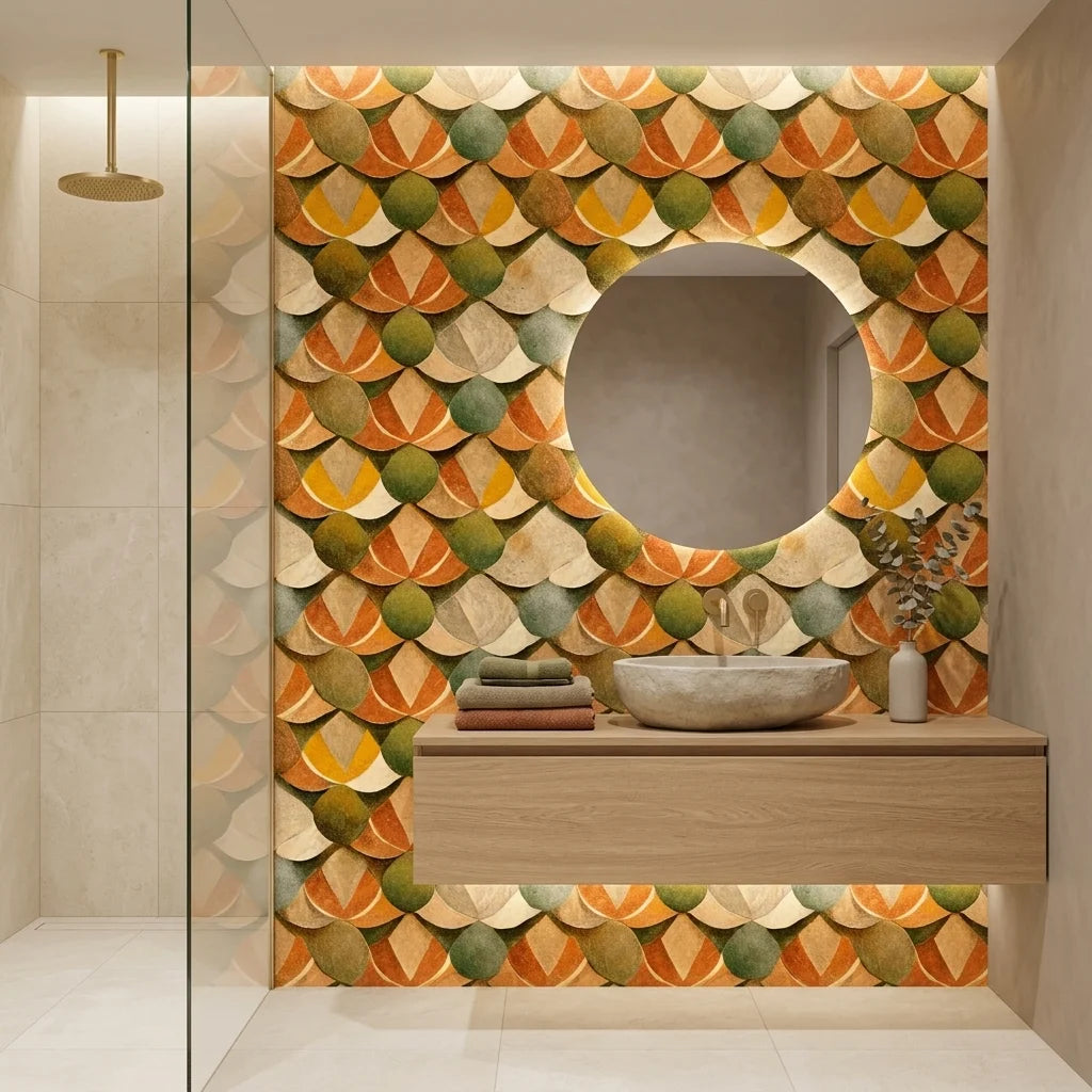 Autumn Scales earthy geometric scallop wallpaper as a feature wall in a bright home office