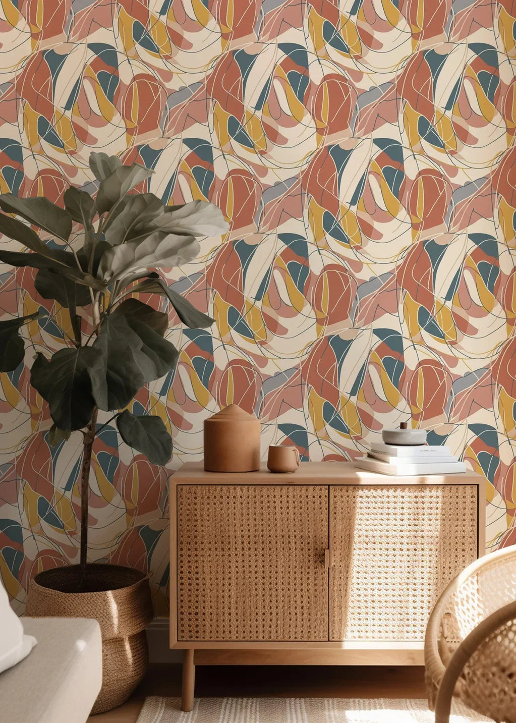 Seamlessly joined flowing shapes, colored in warm terracotta and cool slate, produce a retro-inspired stained-glass panel effect.