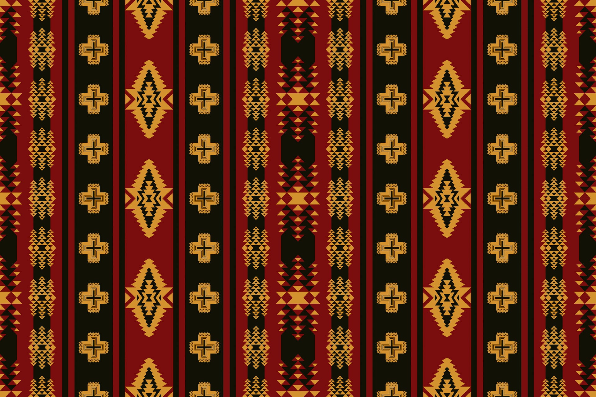 Self-adhesive wallpaper featuring a black and red Southwest geometric tribal design, product name Aztec Echoes
