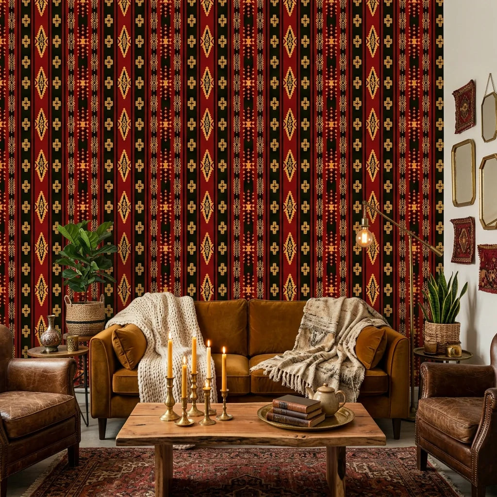 Aztec Echoes red and black tribal geometric wallpaper in a warm and inviting living room