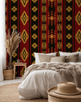 Self-adhesive wall covering featuring a red and black Southwestern geometric tribal pattern, titled "Aztec Echoes."