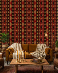 Aztec Echoes red and black tribal geometric wallpaper in a warm and inviting living room