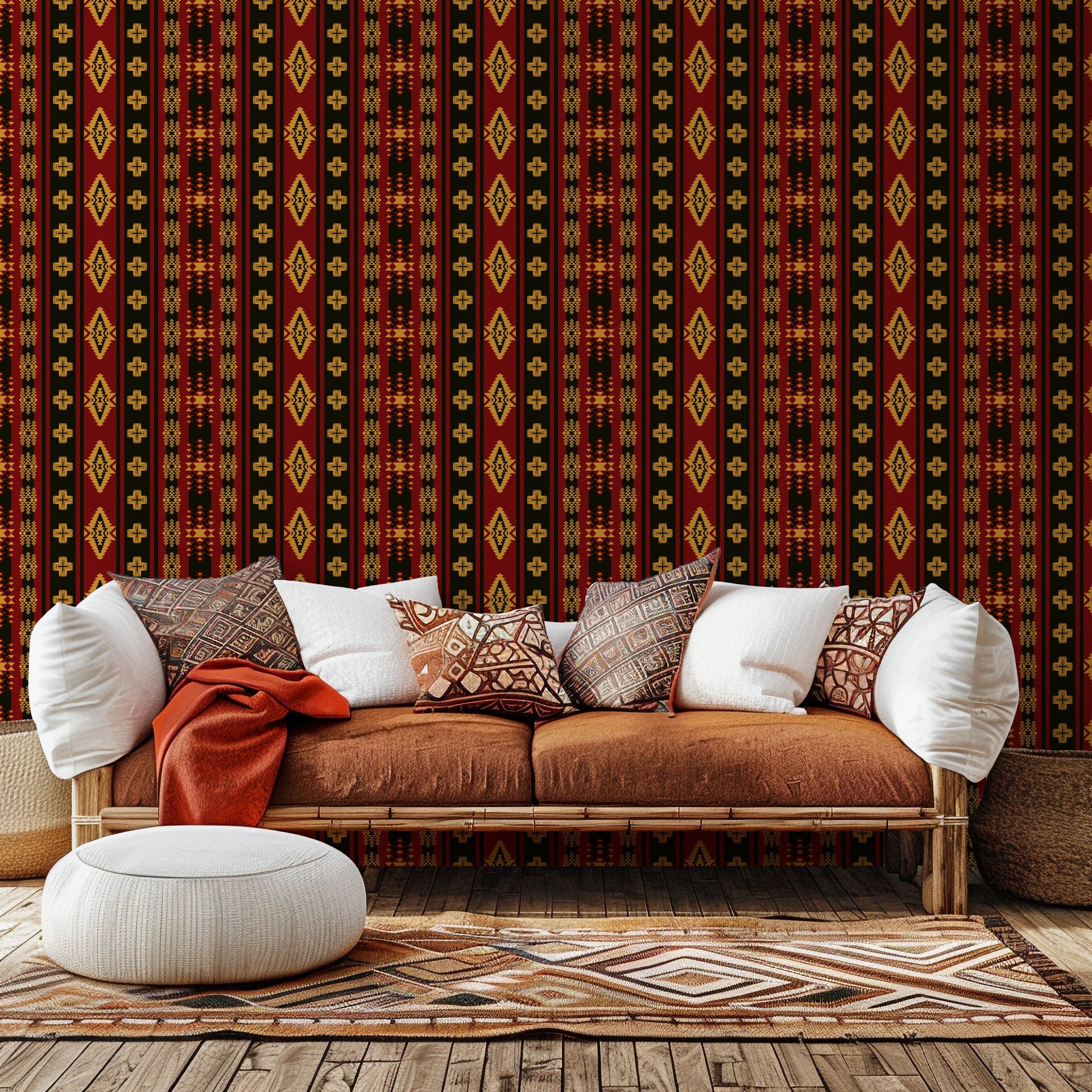 Geometric tribal pattern wallpaper in black and red, self-adhesive, called Aztec Echoes