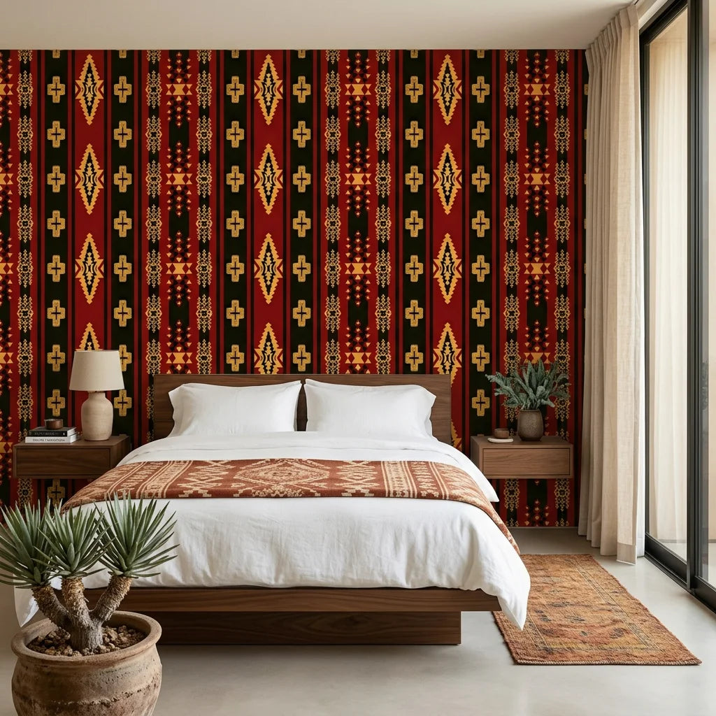 Aztec Echoes red and black tribal geometric wallpaper adding character to a cozy bedroom