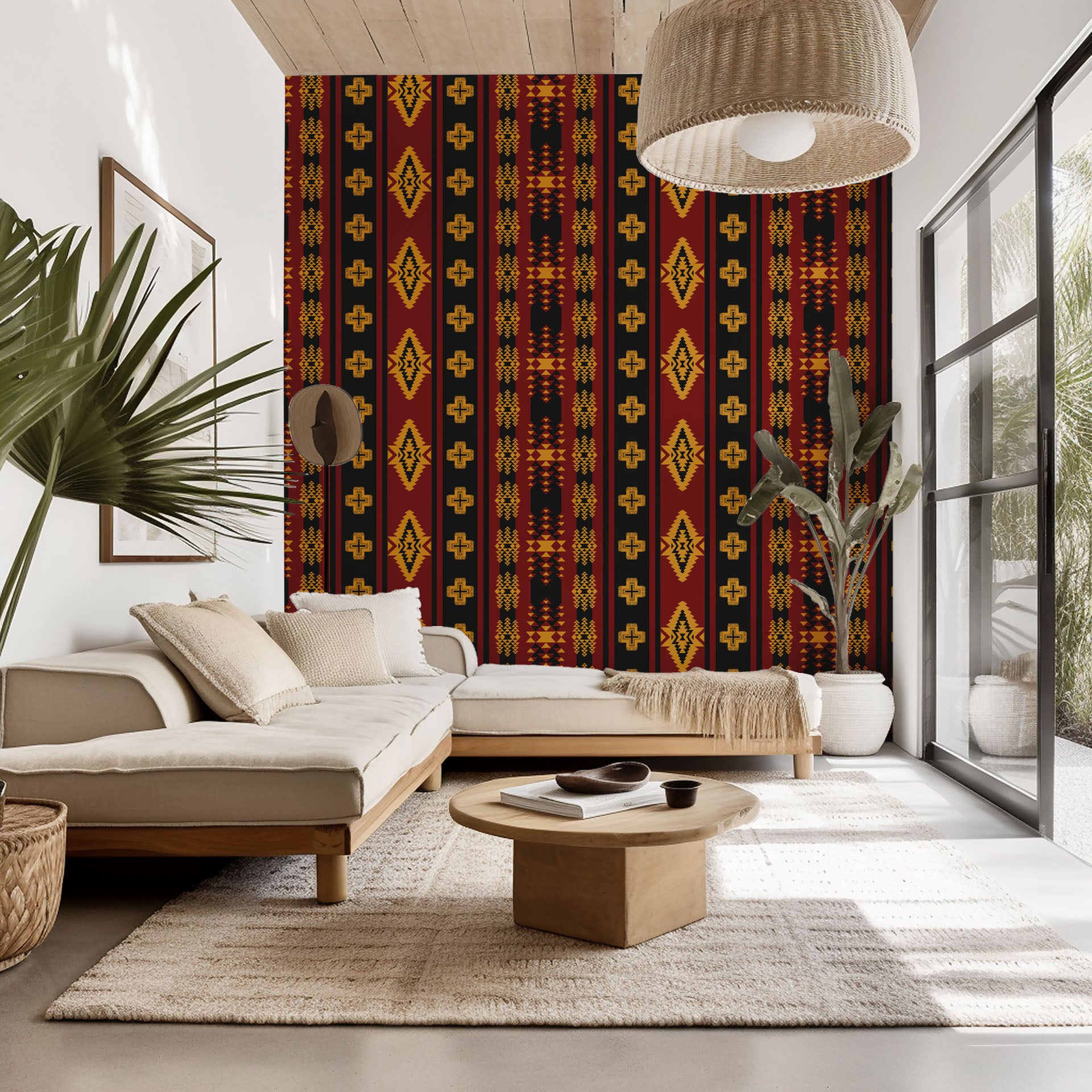 Self-adhesive wall covering featuring a geometric tribal pattern in red and black hues—Southwestern style