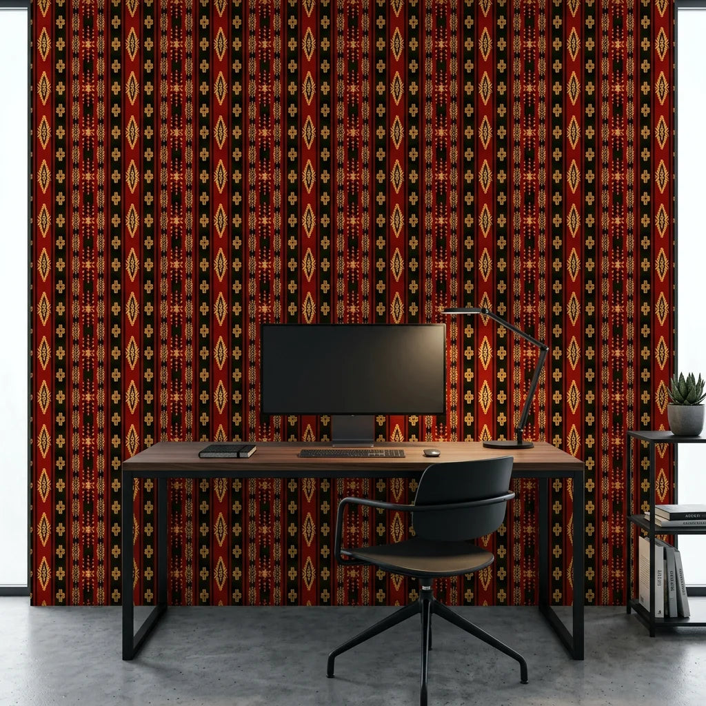 Aztec Echoes red and black tribal geometric wallpaper as a feature wall in a bright home office