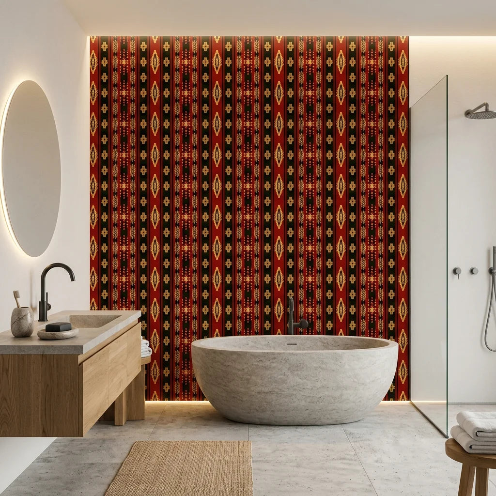 Aztec Echoes red and black tribal geometric wallpaper creating ambiance in a serene bathroom