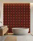 Aztec Echoes red and black tribal geometric wallpaper creating ambiance in a serene bathroom
