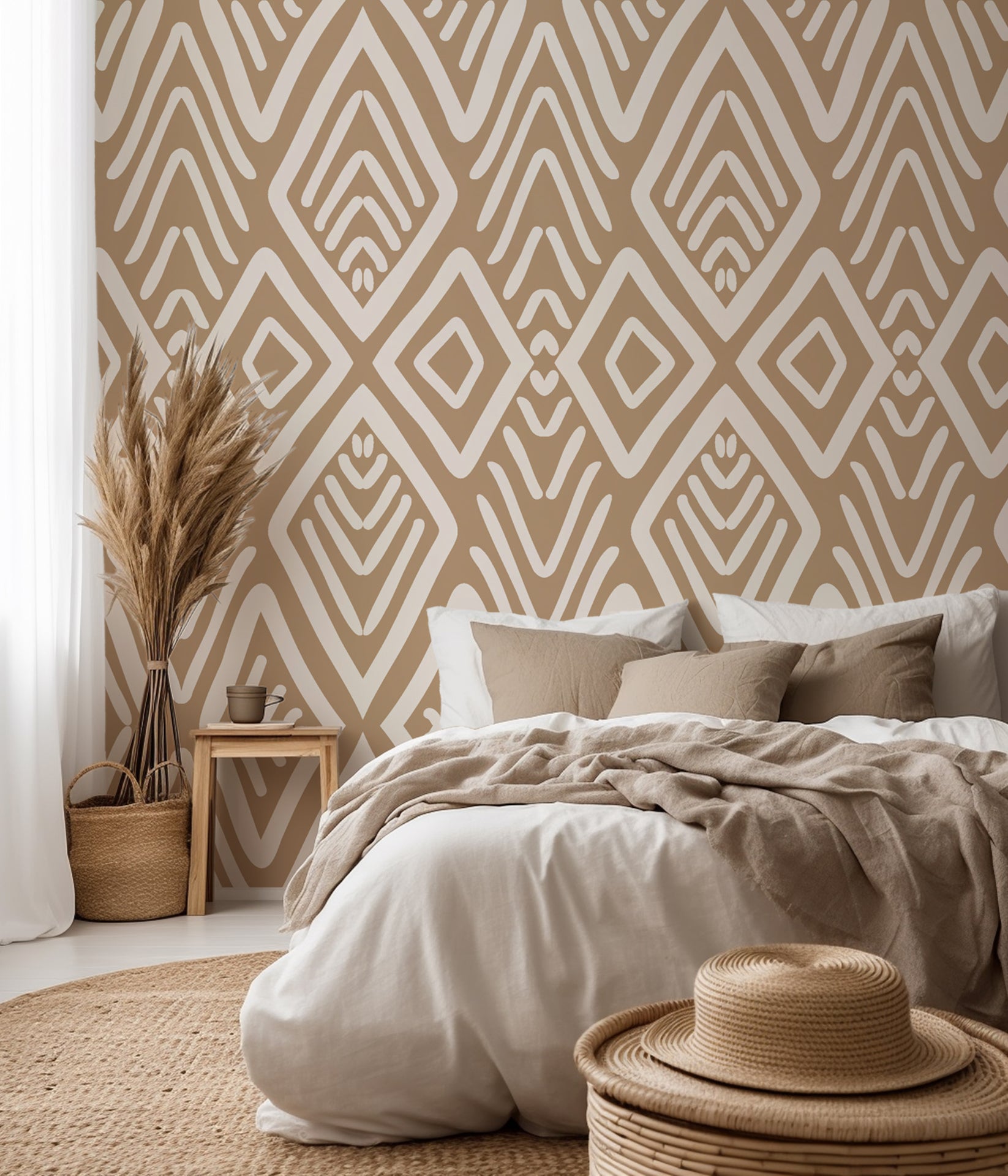 Dynamic tribal geometric pattern in a vibrant multi-color palette for a bold room statement.