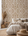 Dynamic tribal geometric pattern in a vibrant multi-color palette for a bold room statement.