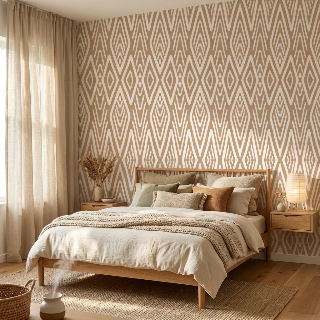 Aztec Quilt geometric tribal wallpaper adding character to a cozy bedroom
