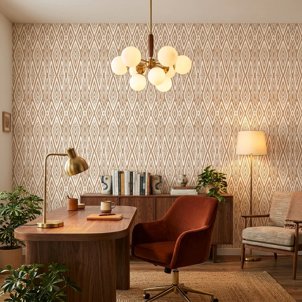 Aztec Quilt geometric tribal wallpaper as a feature wall in a bright home office